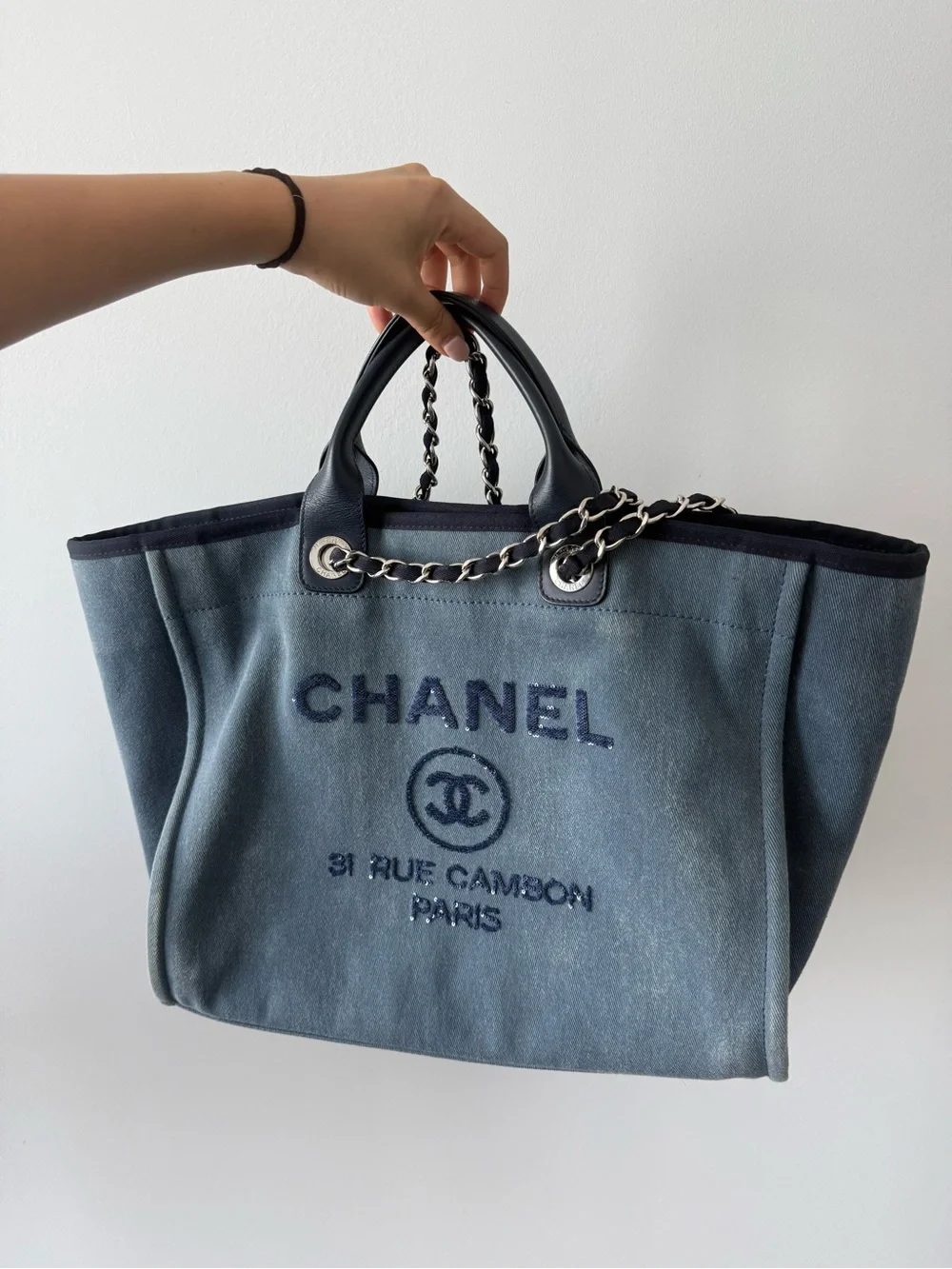 CHANEL Denim Blue Canvas Medium Deauville Sequins Tote